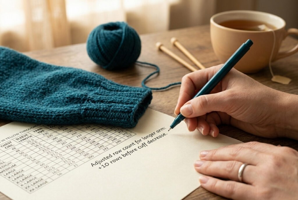 A knitter's hand writing a custom sleeve adjustment note on a printed knitting pattern, with a teal knitted sleeve, yarn ball, wooden needles, and a cup of tea on a wooden table