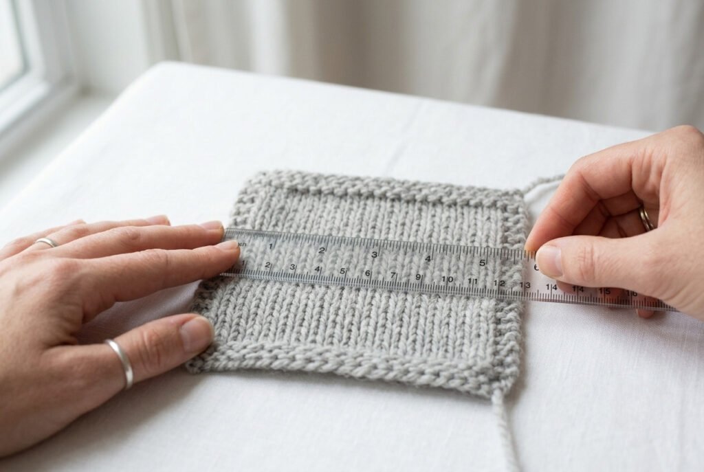 A pair of hands holding a ruler against a grey knitted gauge swatch to measure stitches per inch