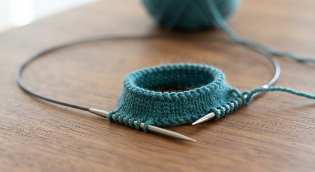 Magic loop knitting with a long circular needle and the cable pulled out between stitches