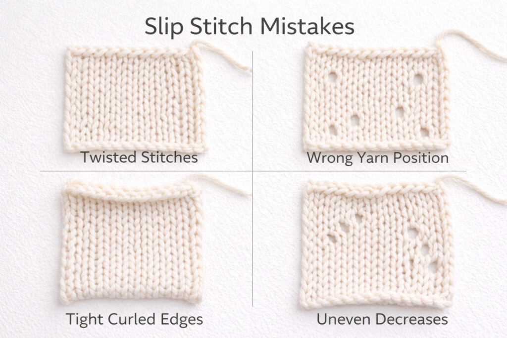 Common slip stitch knitting mistakes shown on sample swatches with identifying characteristics