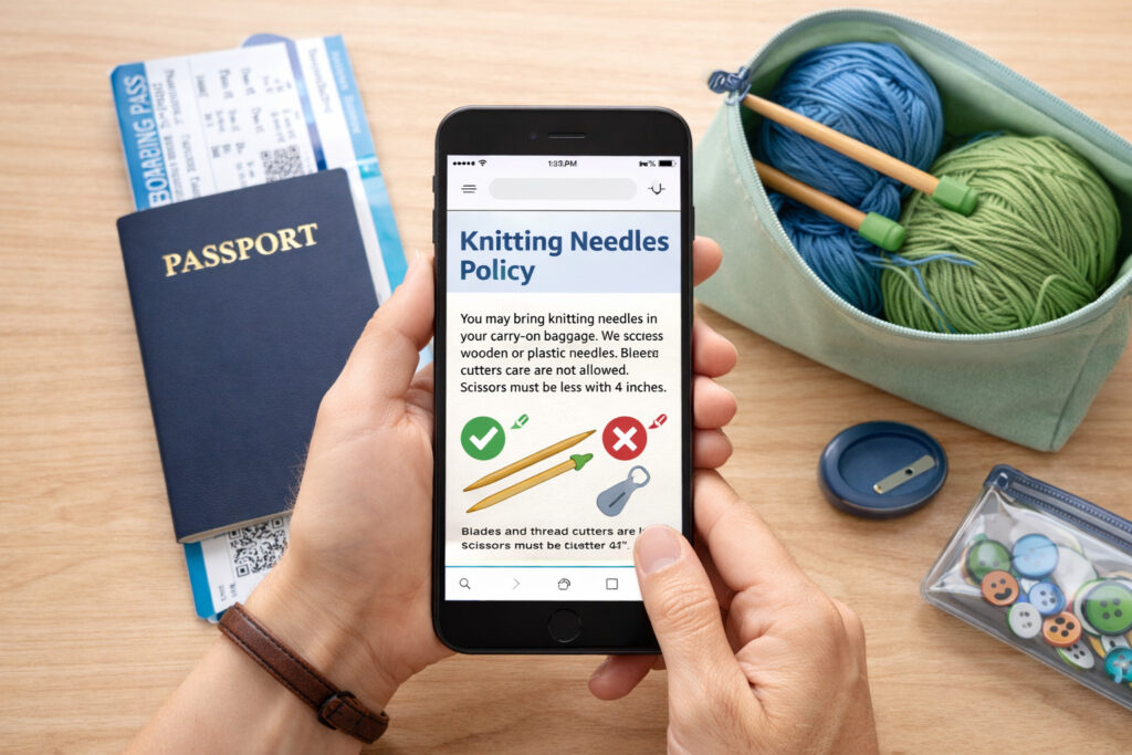 Researching international airline knitting needle policies on smartphone with travel documents and packed knitting supplies