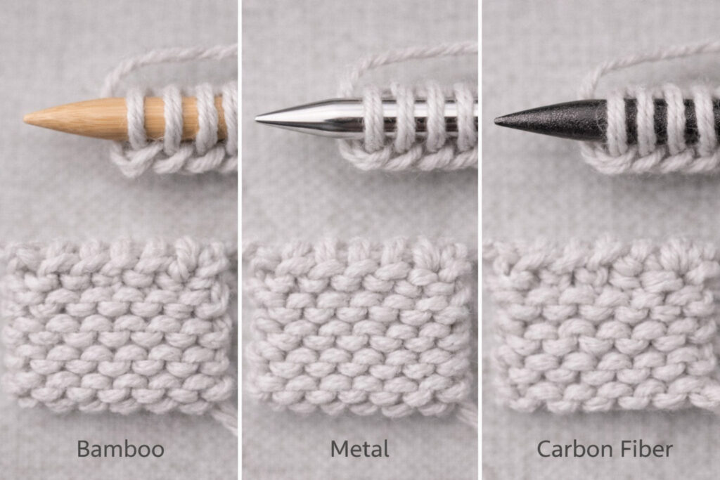 Comparison of three circular needle materials (bamboo, metal, and carbon fiber) showing how the same yarn behaves on each surface, with corresponding knitted swatches beneath each needle type