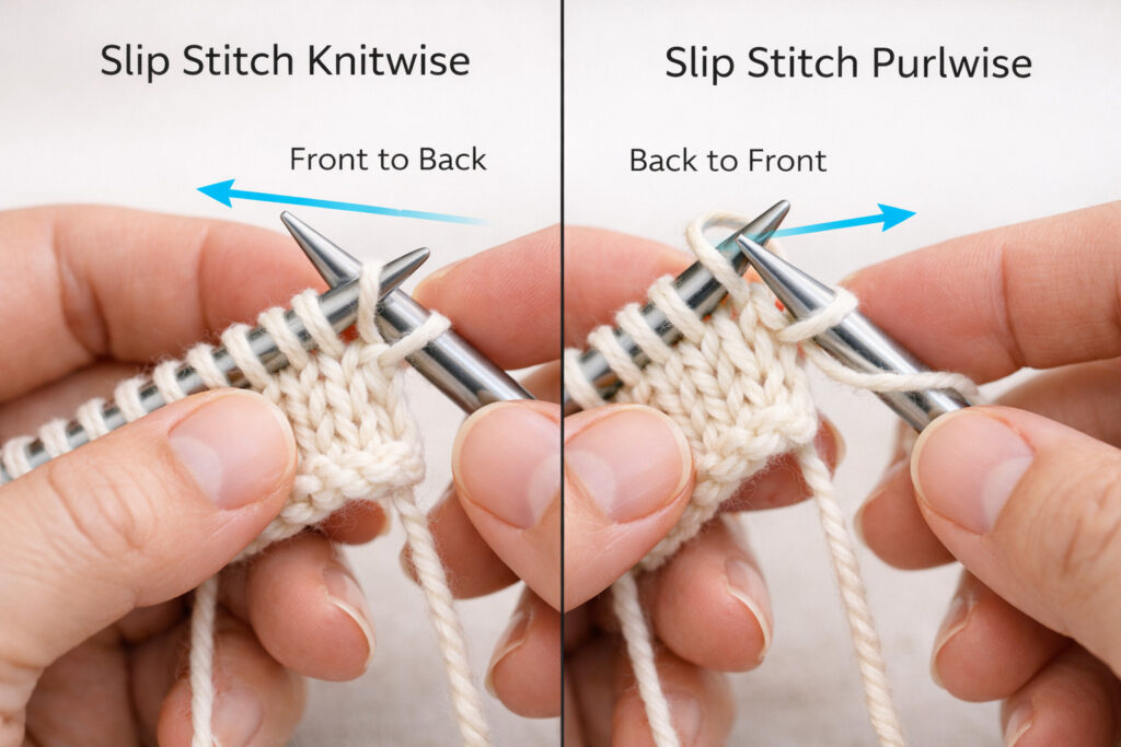 Visual comparison of slip stitch knitwise versus slip stitch purlwise needle insertion techniques