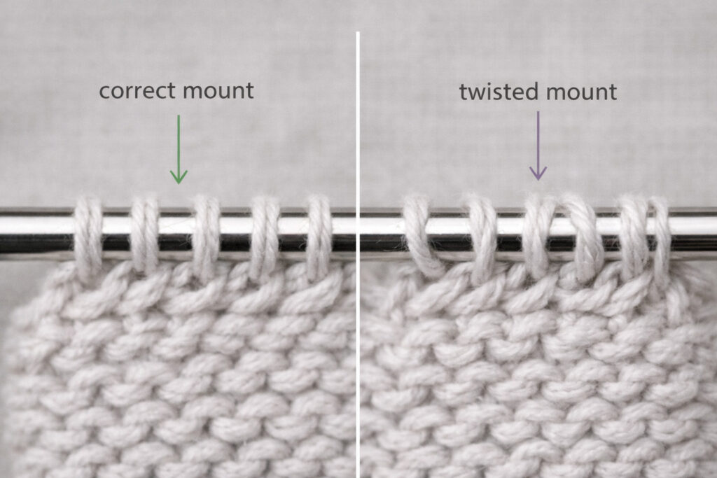 Macro close-up showing the difference between correctly mounted stitches and twisted stitches on circular knitting needles, with clear distinction in how the stitch legs sit on the needle
