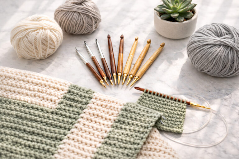 Best Tunisian crochet hooks collection featuring premium sandalwood, aluminum and bamboo interchangeable sets with yarn