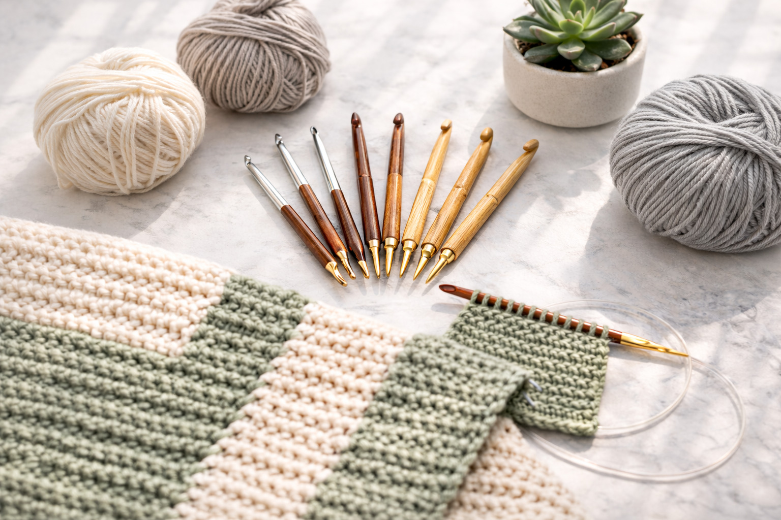 Best Tunisian crochet hooks collection featuring premium sandalwood, aluminum and bamboo interchangeable sets with yarn