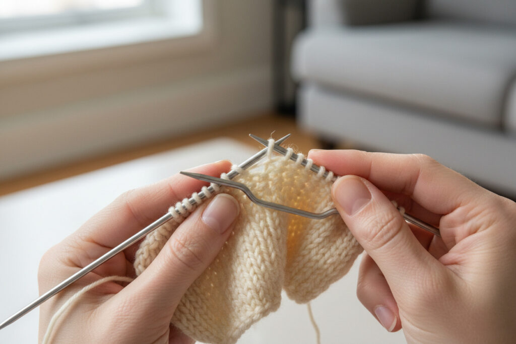 Knitter's hands holding a cable needle behind the work with slipped stitches while knitting a C6B right-leaning cable