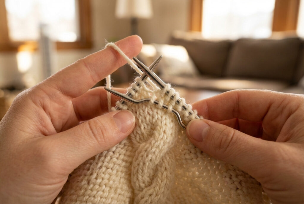 Knitter holding a cable needle in front of the work while completing a C6F left-leaning cable stitch