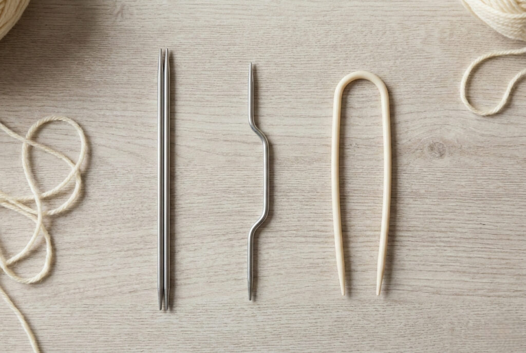 Three types of cable needles — straight, curved, and U-shaped — laid flat on a wooden surface for comparison