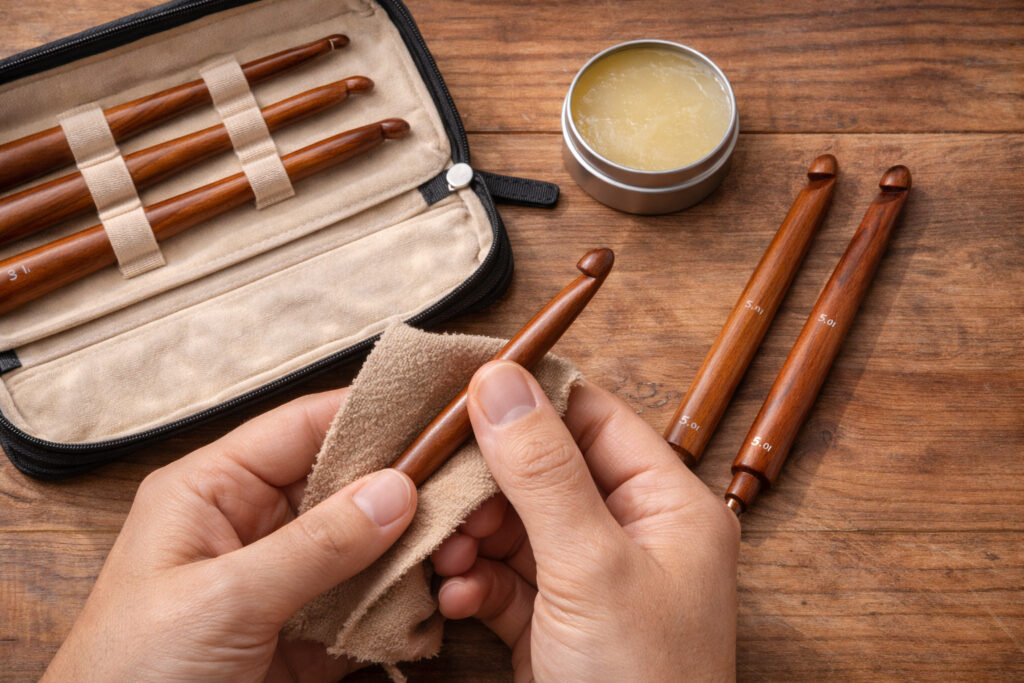 Wooden Tunisian crochet hook care kit showing cleaning cloth, protective storage case, and well-maintained bamboo hooks