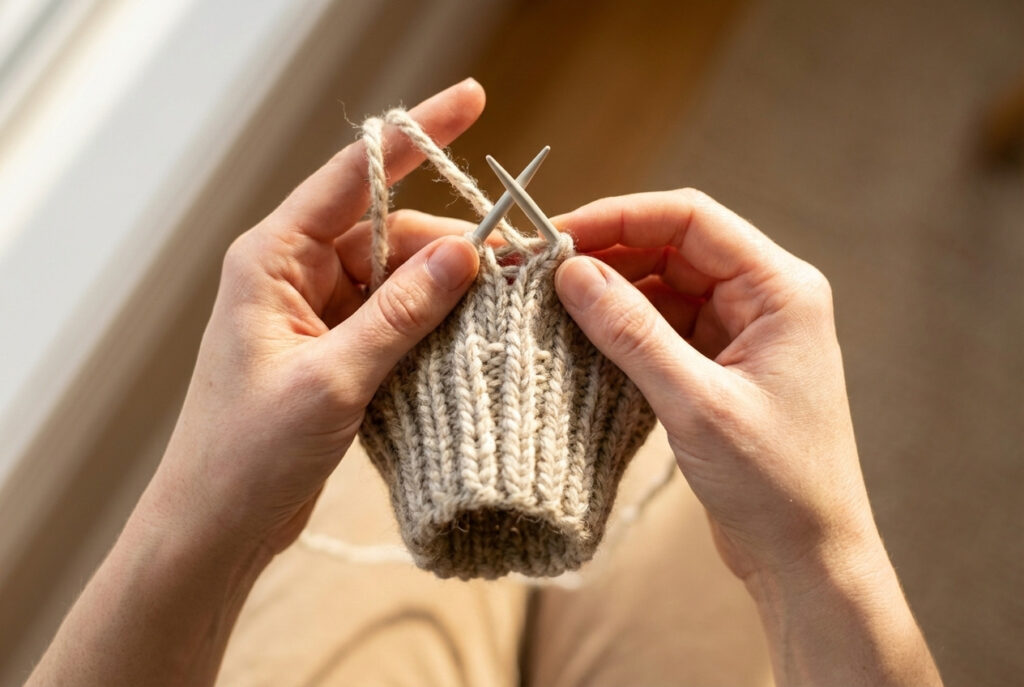 Hands knitting a ribbed cuff on double-pointed needles for a beginner mitten pattern