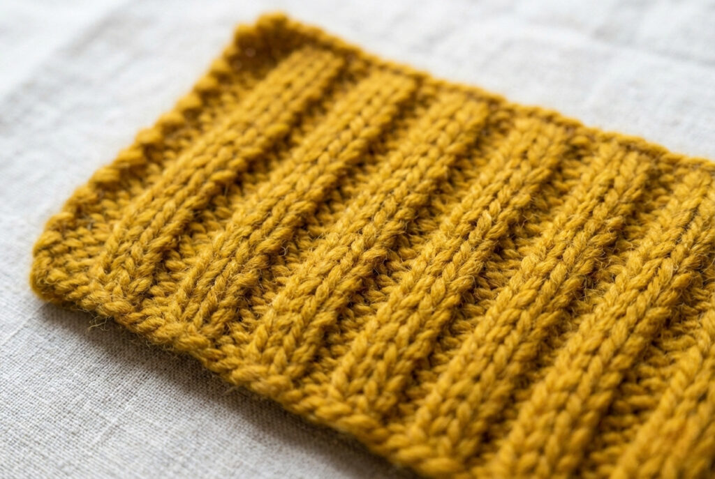 Close-up of Fisherman's rib stitch swatch in mustard yellow wool showing deep raised rib texture