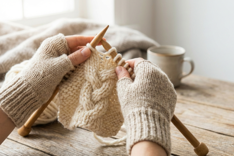 How-to-Knit-Cables Close-up of cream cable knit sweater showing detailed rope and braid cable stitch patterns with wooden knitting needles