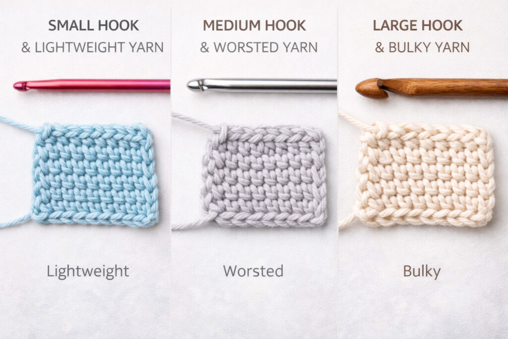 Hook size and yarn weight guide showing 3.5mm to 10mm Tunisian crochet hooks matched with appropriate yarn weights and fabric samples