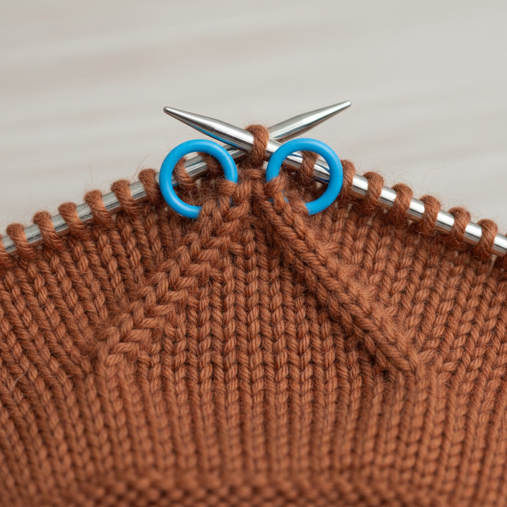 Thumb gusset in progress on a knitted mitten showing increase stitches between two stitch markers