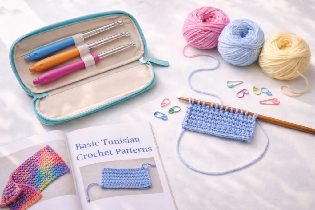 Beginner Tunisian crochet starter kit with lightweight aluminum hooks, medium size range, storage pouch, and practice yarn