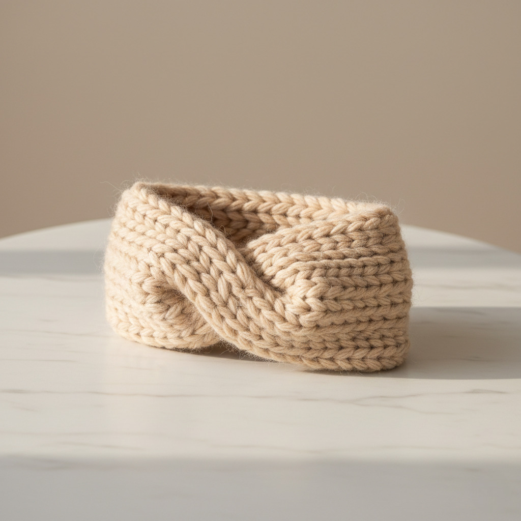 A twisted knit headband in oatmeal wool showing the central front twist detail on a marble surface