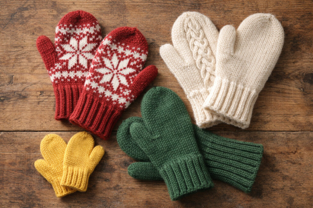 Four different hand-knitted mitten variations including colorwork, cable, long cuff, and kids sizes