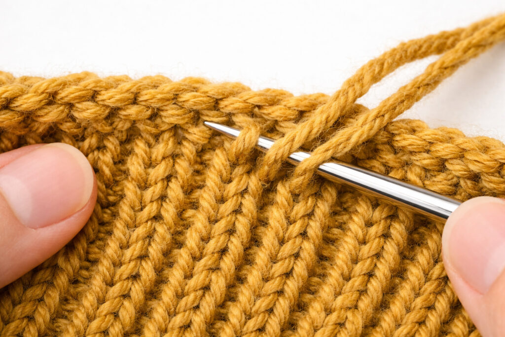 Weaving in yarn ends through wrong side of knitting using tapestry needle for secure invisible finish