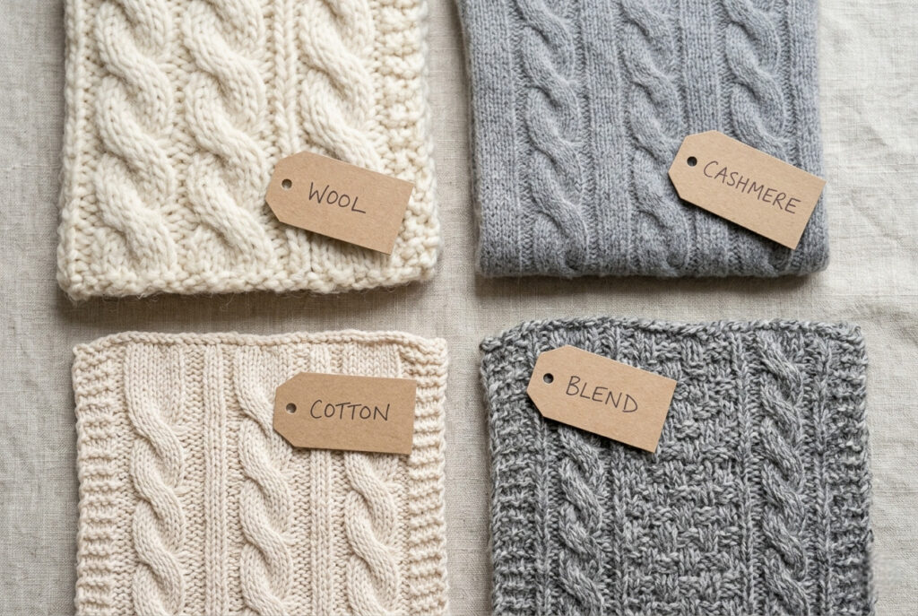 Four types of cable knit sweaters — crewneck, cardigan, oversized, and turtleneck — on hangers