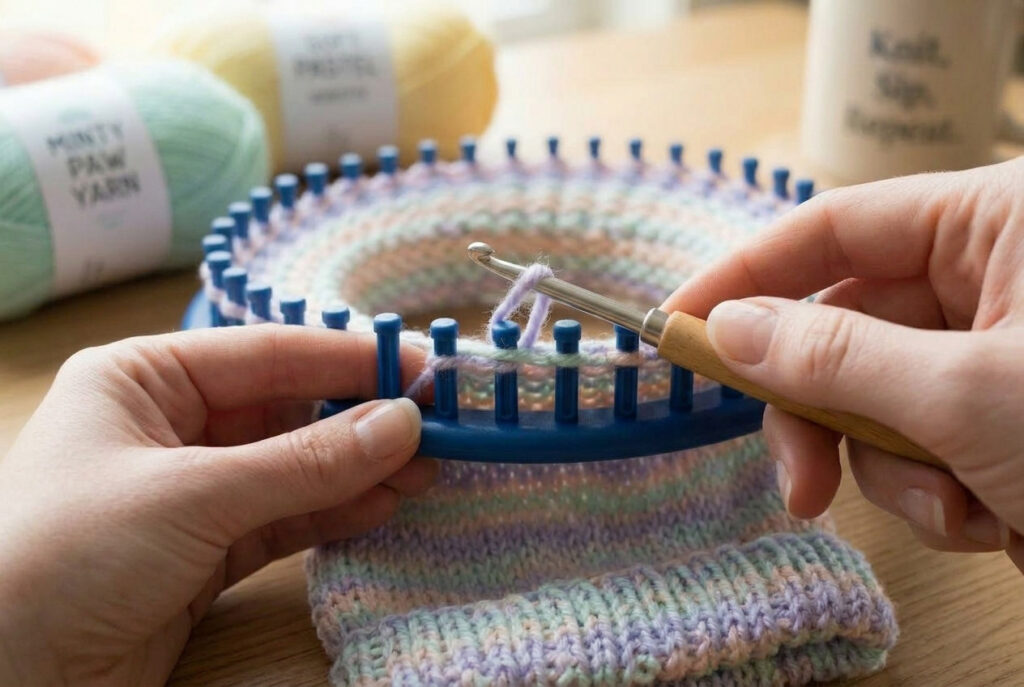 Hands binding off stitches on a round knitting loom with a finished hat beginning to take shape below.