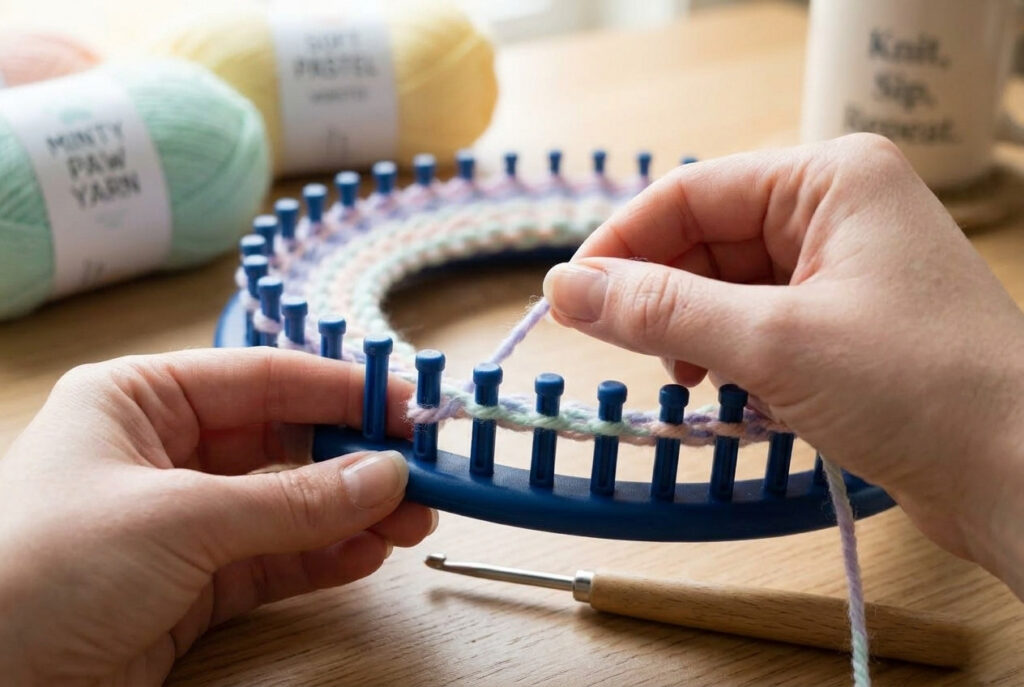 Hands wrapping yarn around a knitting loom in the e-wrap cast-on method, showing the first step of loom knitting.