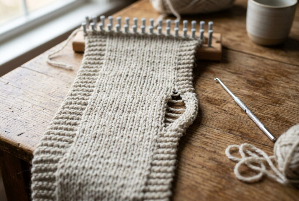 Close-up of a loom knitted scarf showing a dropped stitch and curling edge — common beginner loom knitting mistakes