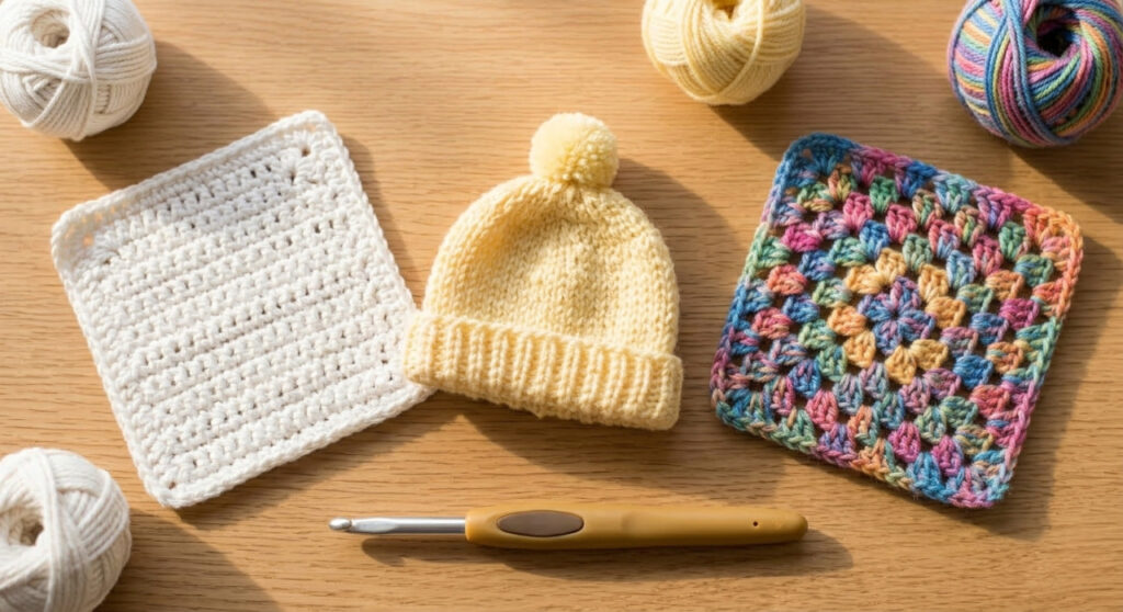 Three beginner crochet starter projects including a dishcloth, baby beanie, and granny square displayed on a wooden surface