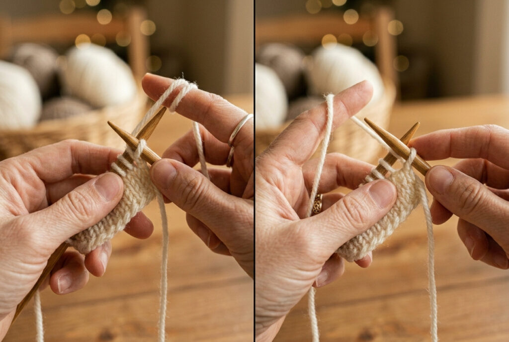 Side-by-side comparison of English throwing method and Continental picking method for purl stitch knitting