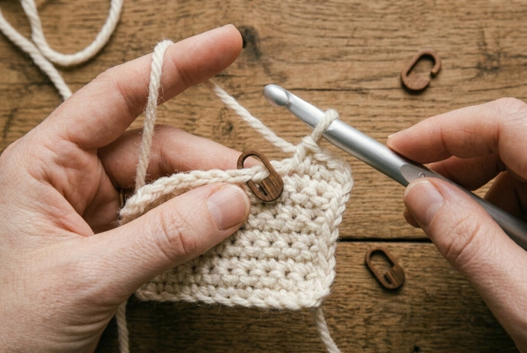 Beginner hands working a single crochet stitch with a large aluminum hook and chunky white yarn on a wooden table