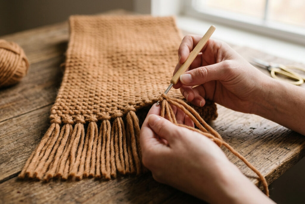 Hands adding yarn fringe to the edge of a finished loom knitted scarf using a crochet hook