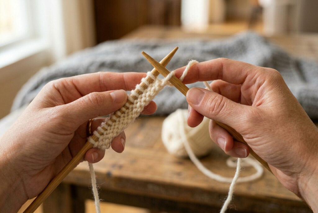 Hands demonstrating how to hold knitting needles and yarn correctly before starting the purl stitch