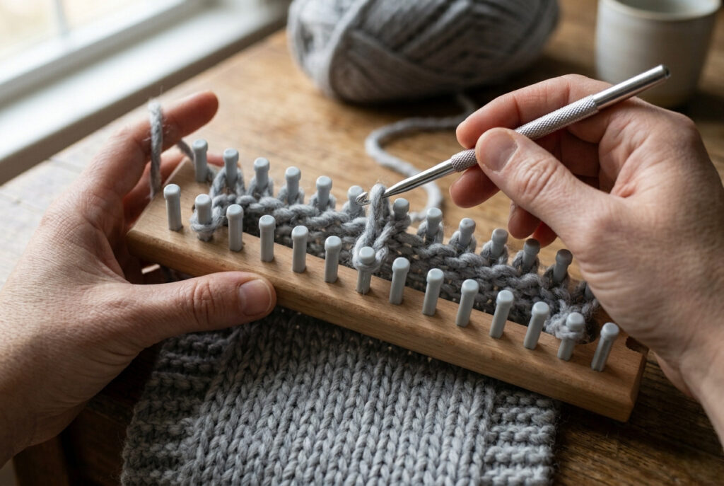 Hands using a loom hook to lift yarn loops over pegs using the eWrap stitch on a knitting loom