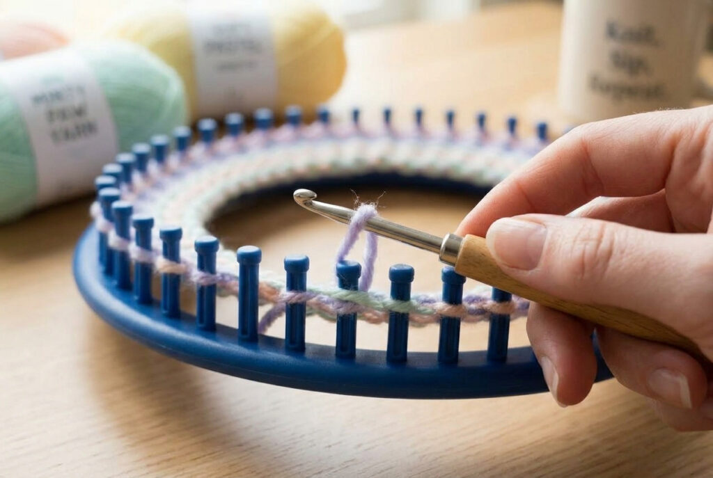 A loom hook lifting the bottom loop over the top loop on a knitting loom peg, demonstrating the basic knit stitch.