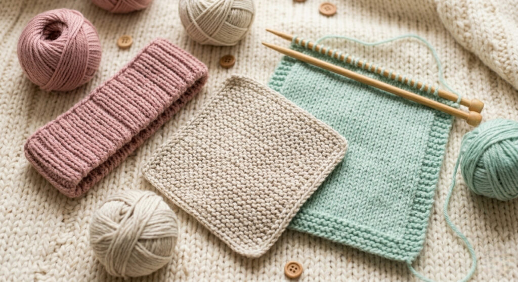 Beginner knitting starter projects including a ribbed headband, washcloth, and baby blanket displayed with bamboo knitting needles
