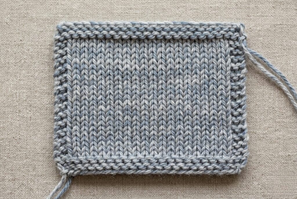 Close-up of a marled knitted fabric swatch made by knitting two different colored yarn strands together