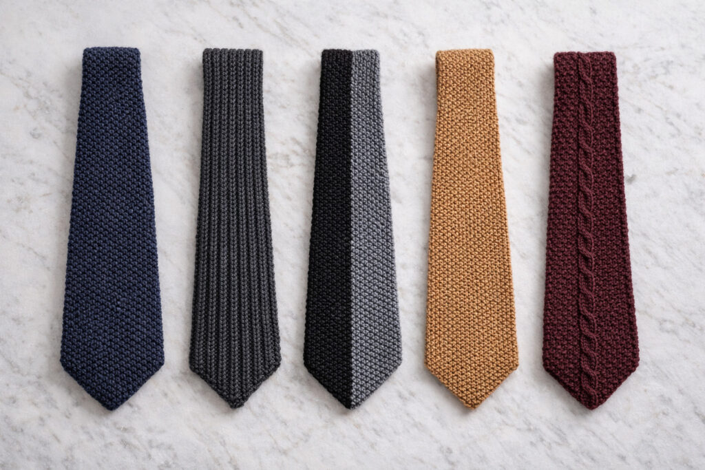 Five hand-knitted tie variations laid side by side including seed stitch, ribbed, reversible, slim modern, and cable textured styles