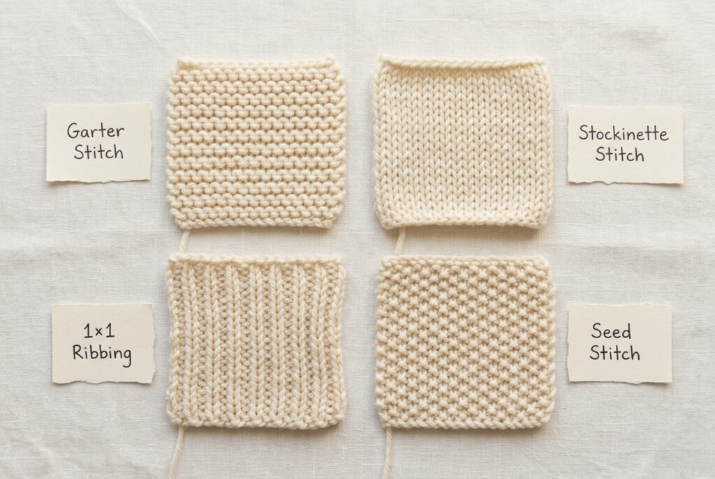 Four beginner knitting pattern swatches showing garter stitch, stockinette stitch, ribbing, and seed stitch