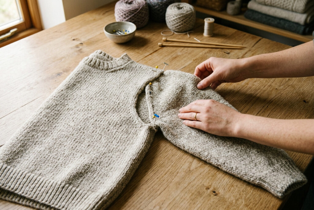 Knitted sweater sleeve pinned and eased into the armhole opening before sewing