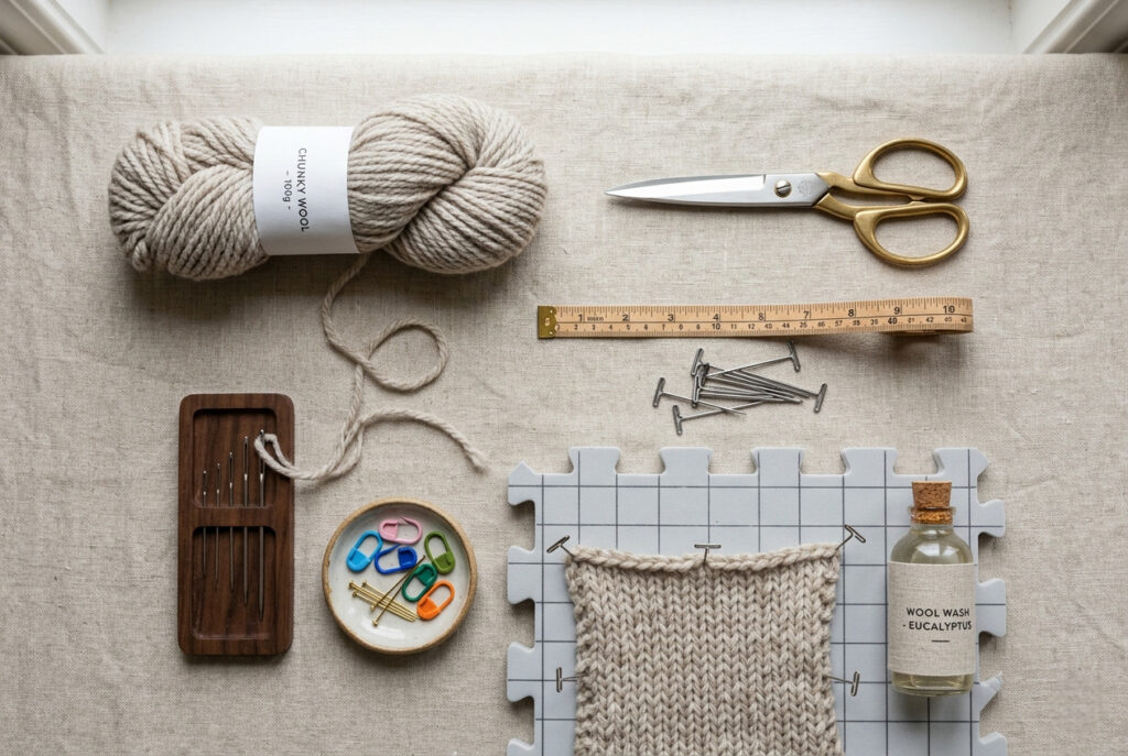 Essential tools for sewing a knitted sweater together including tapestry needle, yarn, pins, and wool wash