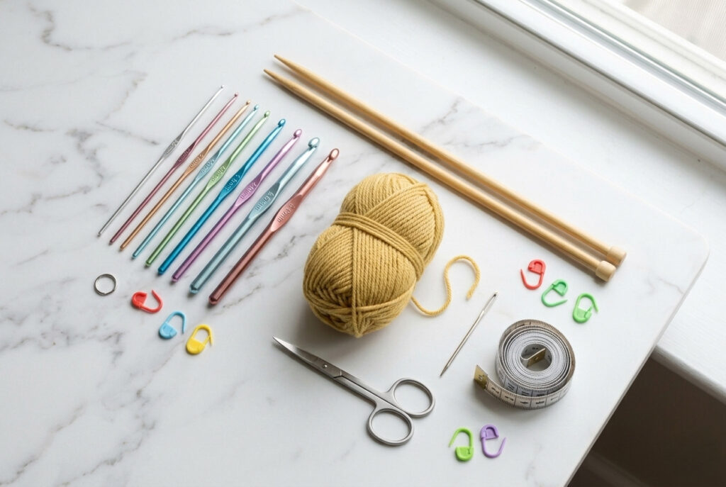 Beginner knitting and crocheting tools including crochet hooks, knitting needles, yarn, stitch markers, and scissors laid out on a marble surface