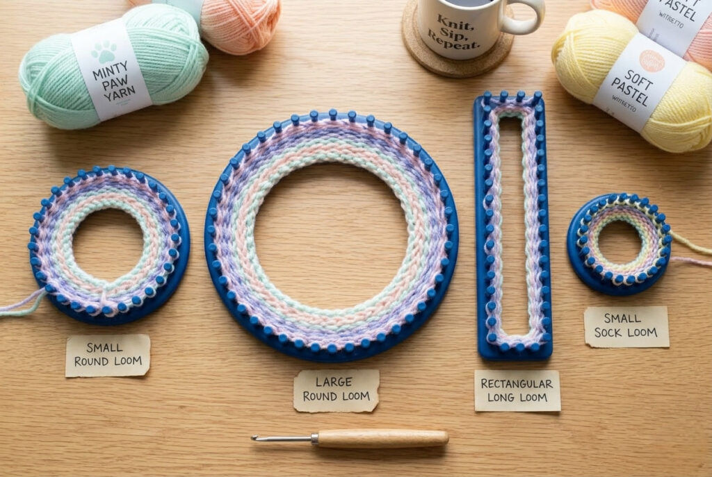  Four types of knitting looms displayed side by side — round, rectangular, adjustable, and sock loom — on a wooden surface.