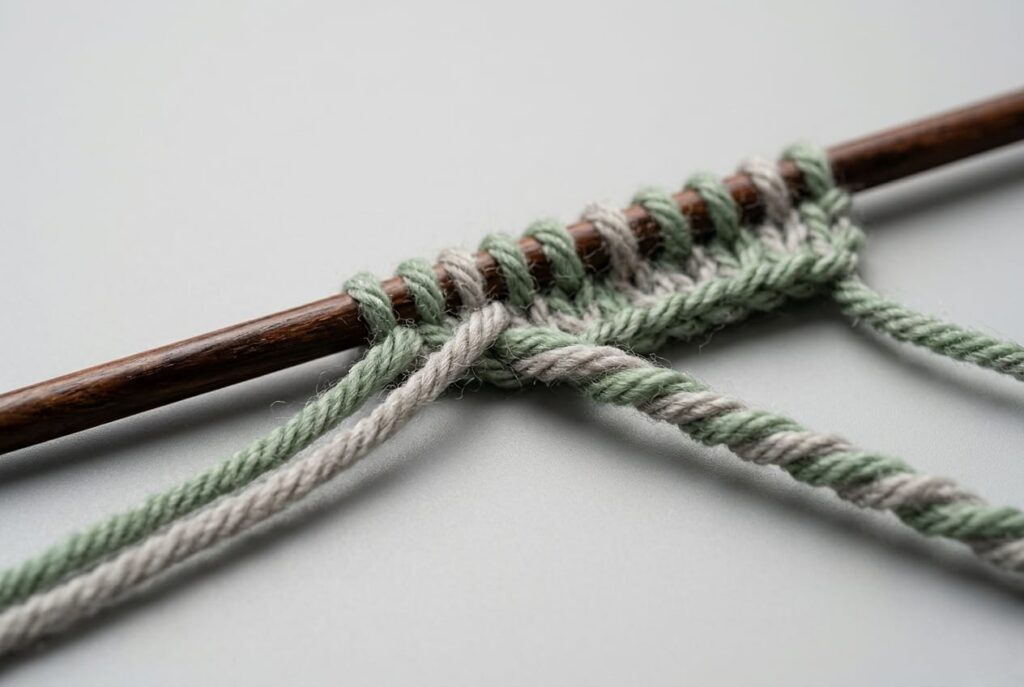 Close-up comparison of twisted and untwisted yarn strands on a knitting needle