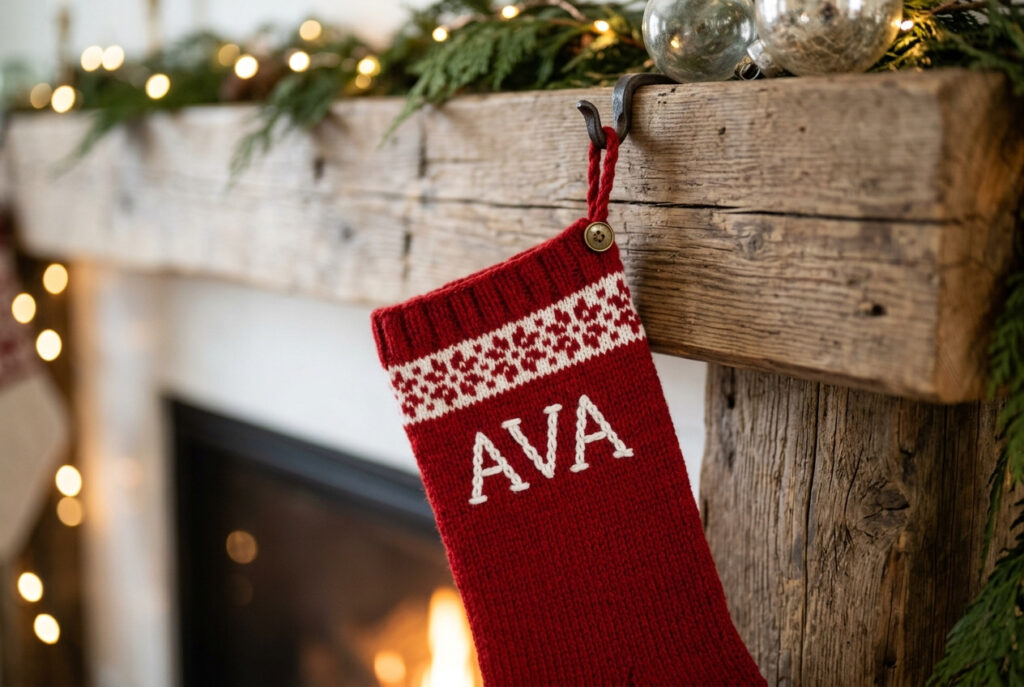 Finished red hand-knitted Christmas stocking with a name in duplicate stitch and snowflake colorwork pattern hanging on a wooden mantle