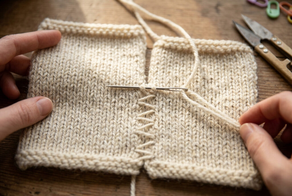 Tapestry needle weaving in zigzag motion between two knitted panels during mattress stitch seaming