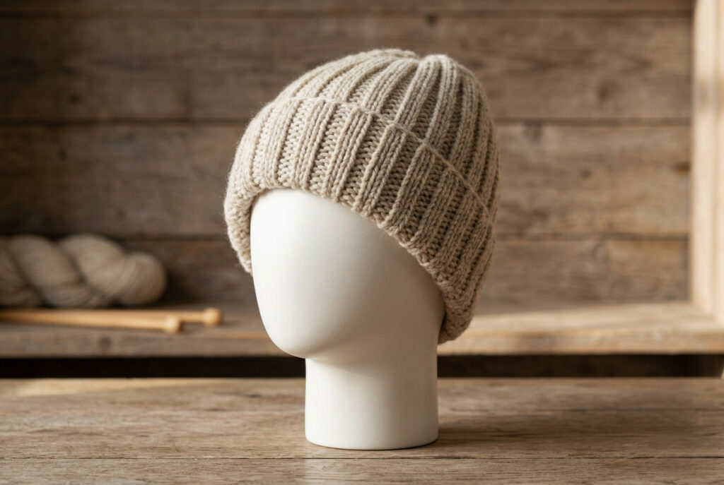 Handknitted ribbed oatmeal wool beanie hat displayed on a white ceramic head form with warm wooden background