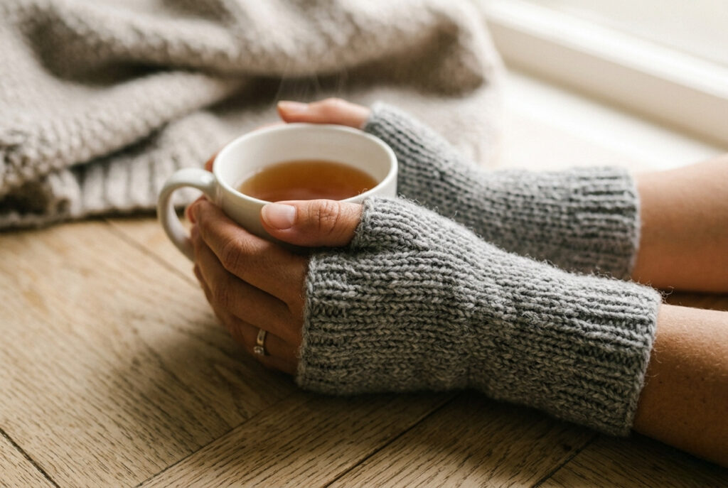 Handknitted grey wrist warmers worn while holding a white ceramic mug of tea in soft natural light