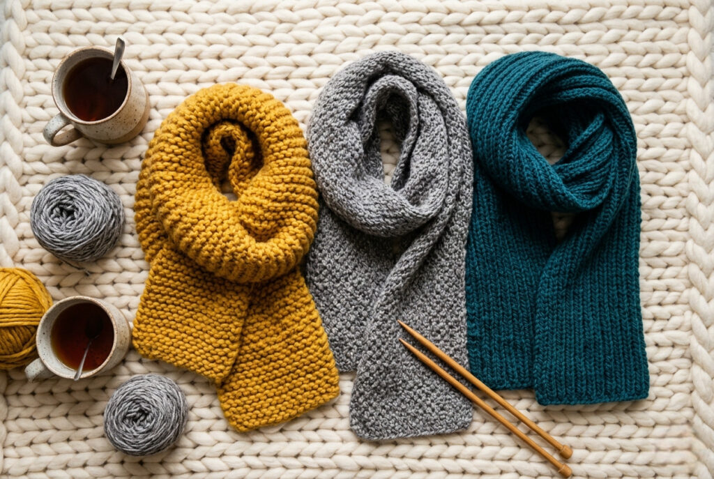 Three finished handknitted scarves in garter, seed, and rib stitch patterns in mustard, grey, and teal yarn laid flat with knitting supplies — beginner scarf knitting pattern ideas