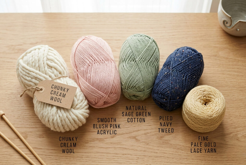 Five different yarn types arranged on a wooden surface including wool, acrylic, cotton, plied, and lace yarn for knitting comparison