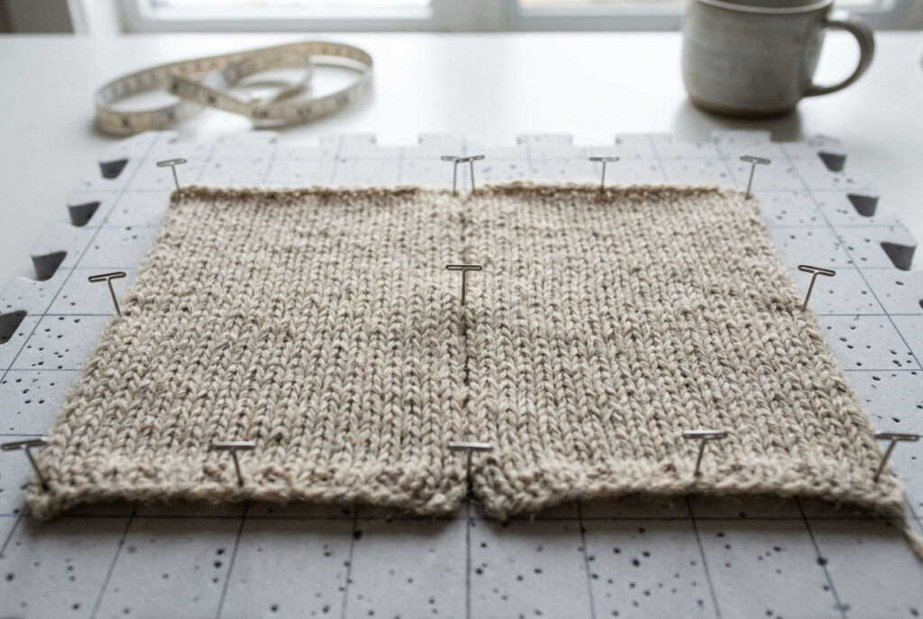 Two knitted wool panels pinned flat on a blocking mat in preparation for mattress stitch seaming